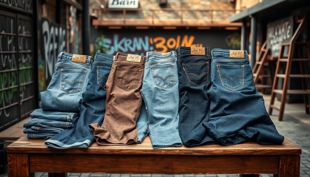 A stylish display of high-quality men's jeans arranged on a vintage wooden table