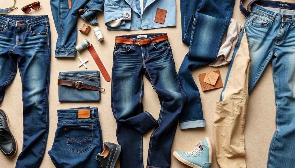 A stylish flat lay of various denim pieces, showcasing the latest trends in men's jeans