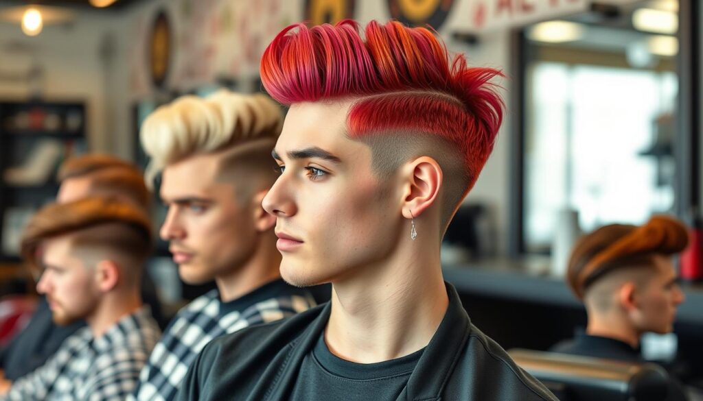 Stylish modern retro men's hairstyle, featuring a variety of classic cuts like pompadours and side parts