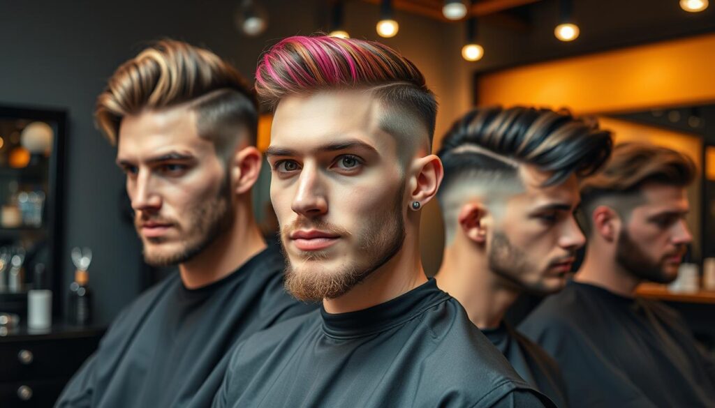 Stylish modern men's grooming scene showcasing innovative hairstyles, sleek barber tools, contemporary salon environment