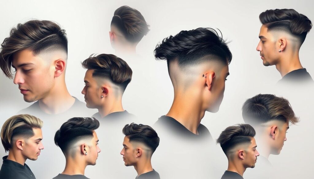 An artistic collage showcasing various fade hairstyles, featuring a range of lengths and textures