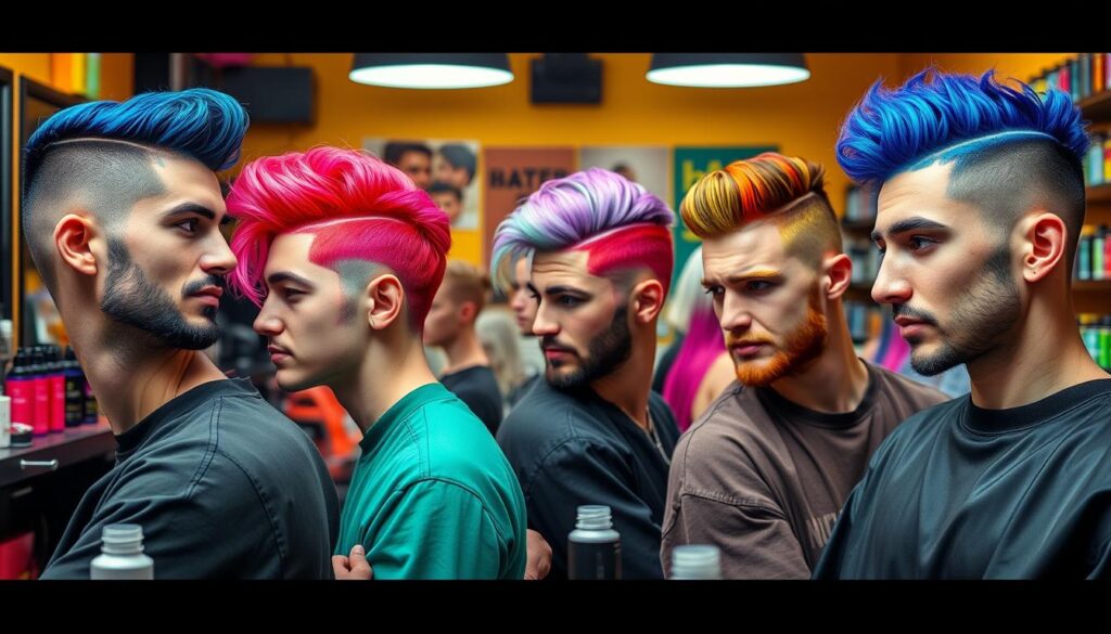 An artistic representation of a vibrant salon scene showcasing men with creatively dyed hairstyle in bold colors,