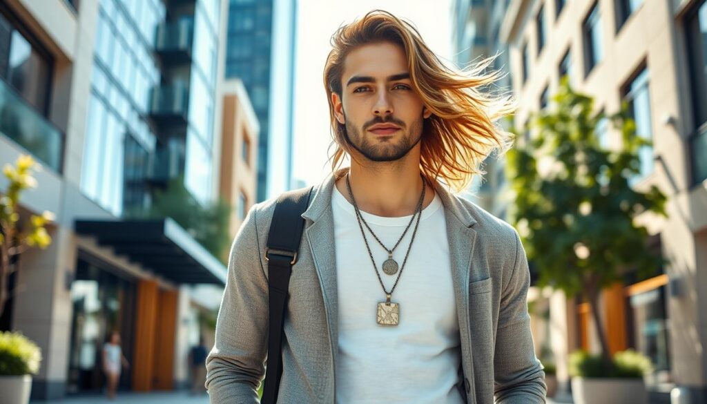 A stylish modern man with long flowing hairstyle, wearing a trendy urban outfit,