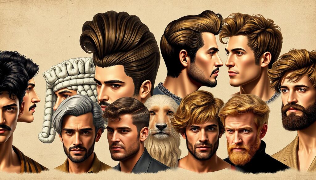 An artistic representation of historical men's hairstyles throughout different eras