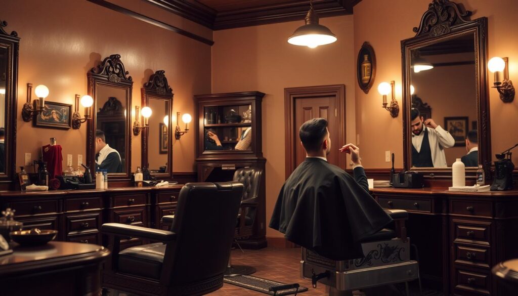 An elegant traditional barbershop interior, featuring classic wooden barber chairs, vintage mirrors, and a polished countertop with grooming tools