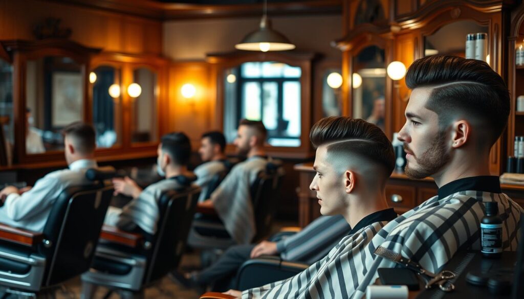 A stylish traditional barber shop interior, featuring classic barber chairs, vintage mirrors, and wooden accents