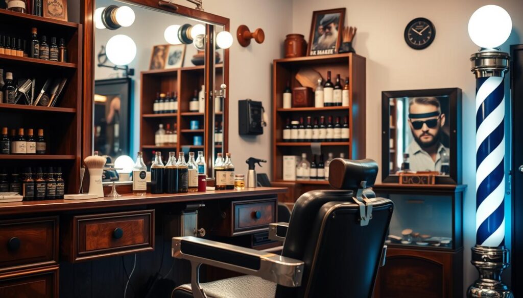 A beautifully arranged barbershop interior showcasing various grooming services