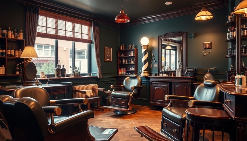 An elegant barber shop interior featuring luxurious leather chairs, polished wooden furnishings, vintage barber tools