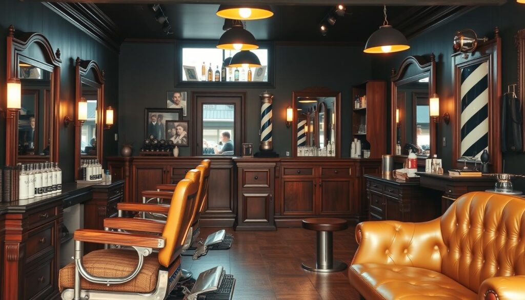 An elegant traditional barber shop interior, featuring vintage wooden barber chairs and polished mirrors, rich mahogany accents