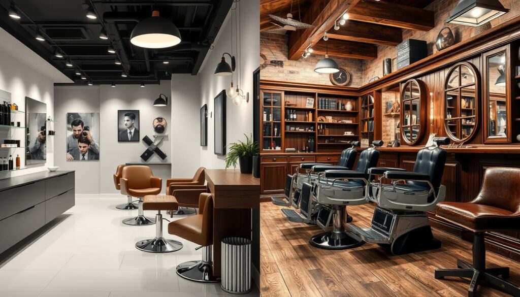 A split scene showcasing a modern men's grooming salon on one side, featuring sleek, contemporary decor, minimalist furniture