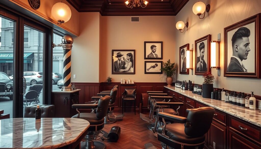 An elegant barber shop interior featuring rich mahogany furnishings, leather barber chairs, and vintage decor