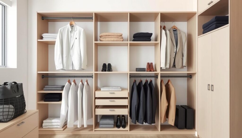 A sleek and organized capsule
wardrobe displaying a curated selection of men's clothing,