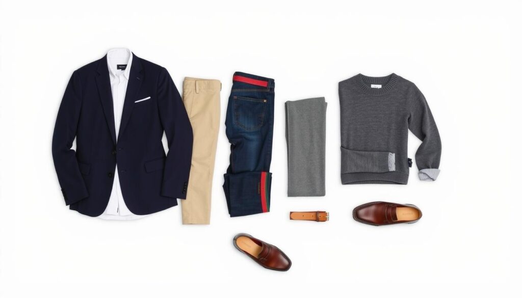 A neatly arranged men's capsule wardrobe featuring essential clothing items