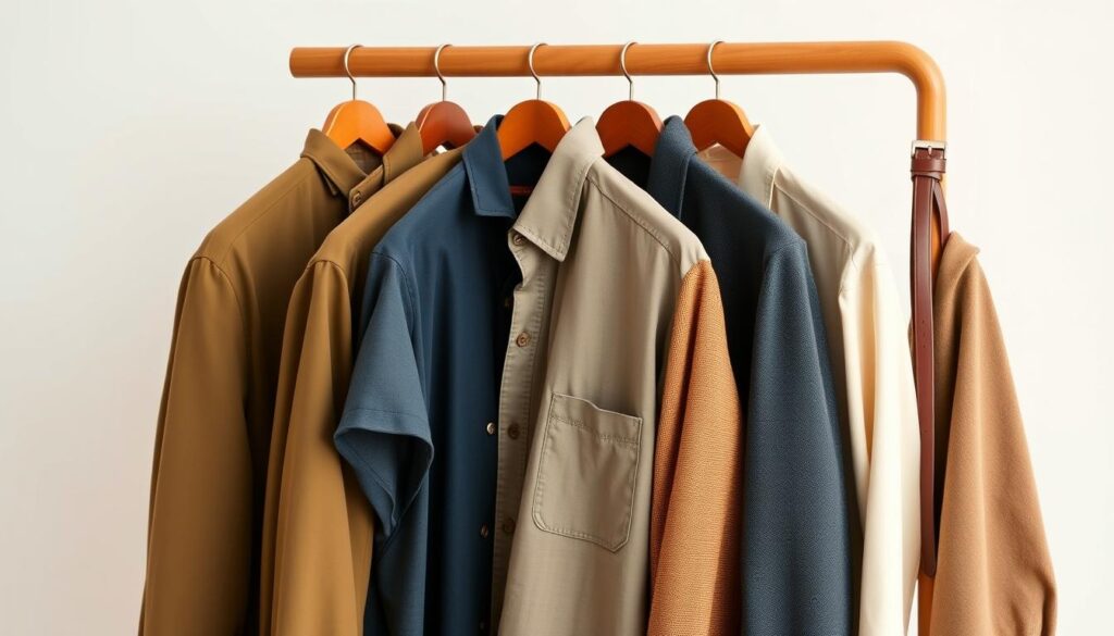 A stylish men's capsule wardrobe displayed on a wooden rack