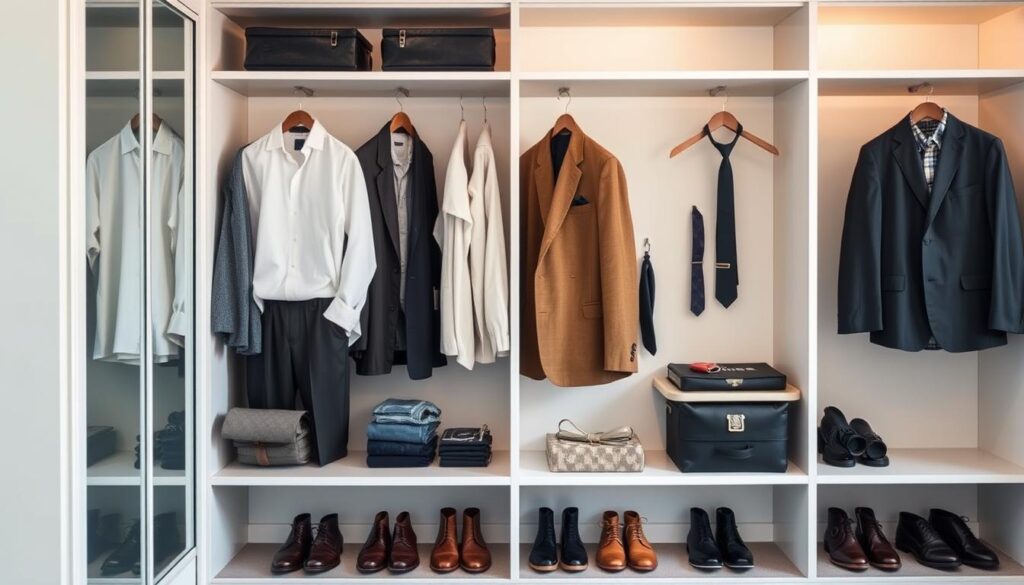 A neatly organized men's capsule wardrobe, featuring a minimalist wardrobe display with essential clothing items such as casual shirts