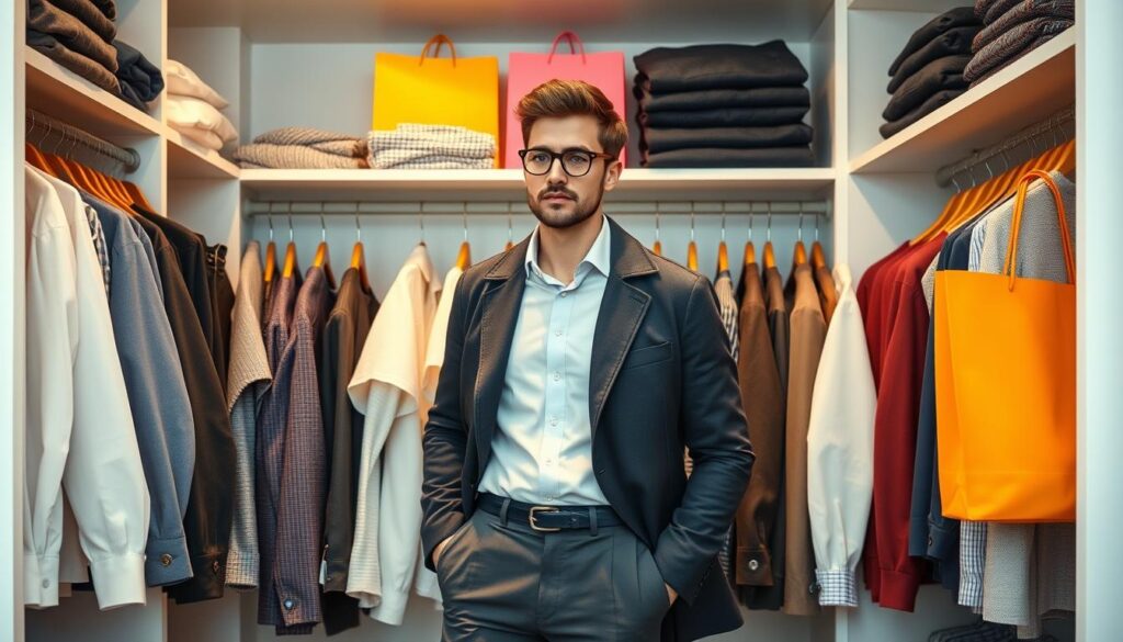 A stylish male figure surrounded by neatly organized clothing items in a minimalist wardrobe