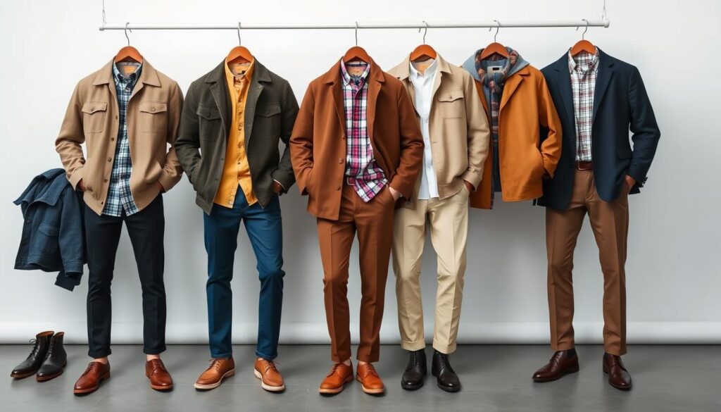 Stylish men's seasonal capsule wardrobe displayed on a minimalist backdrop