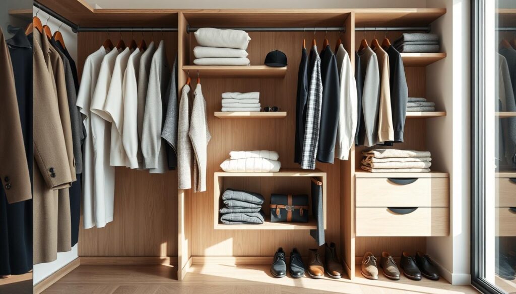 A men's capsule wardobe closet featuring neatly organized clothing items on hangers,