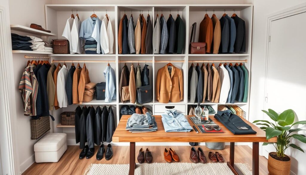 A stylish, organized capsule wardrobe filled with a variety of men's clothing items i