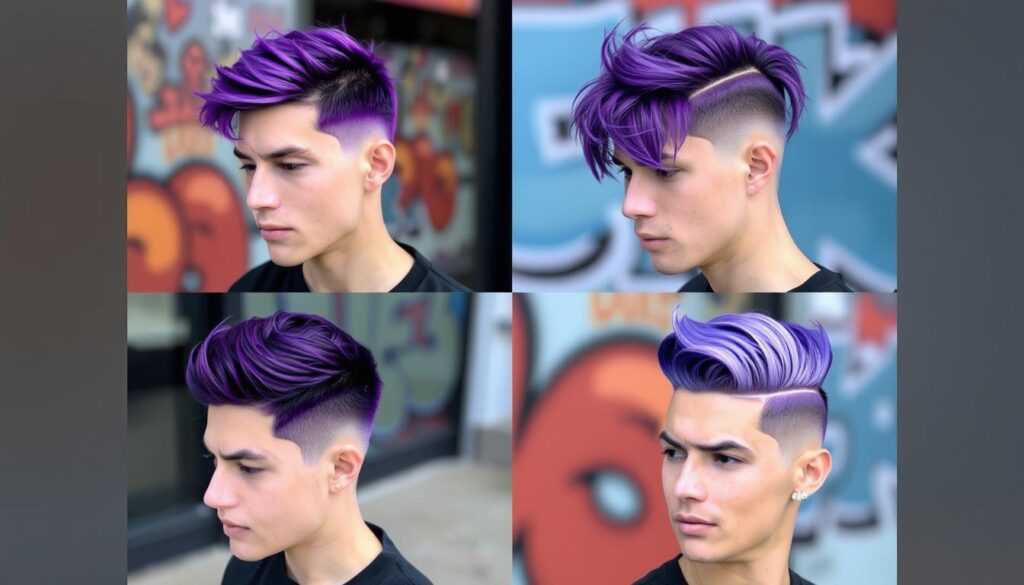 Trendy purple hairstyles for men, showcasing various styles