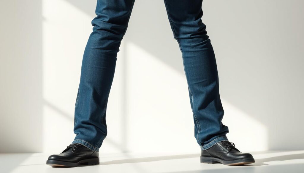 A stylish pair of perfectly fitting men's blue jeans on a minimalist display, showcasing the tailored cut