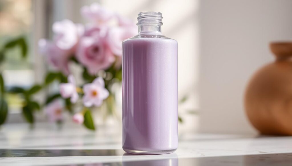 A delicate bottle of pale purple hair dye, elegantly displayed on a marble countertop