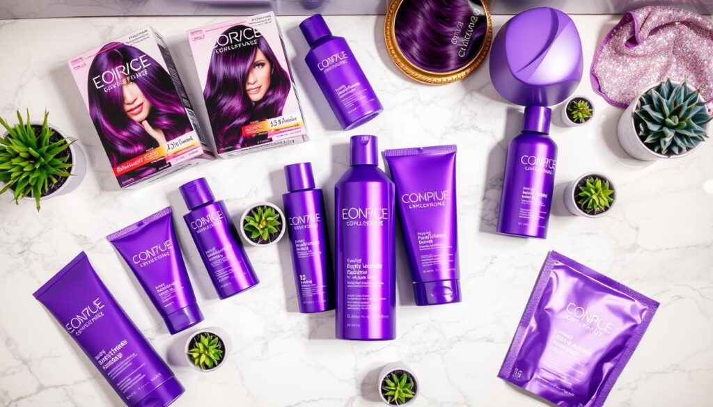 A stylish flat lay of various purple hair products, including hair dye