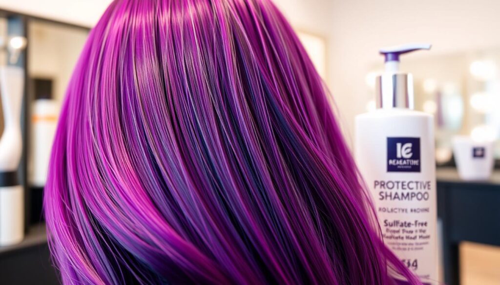 A close-up of vibrant purple hair with a glossy sheen,