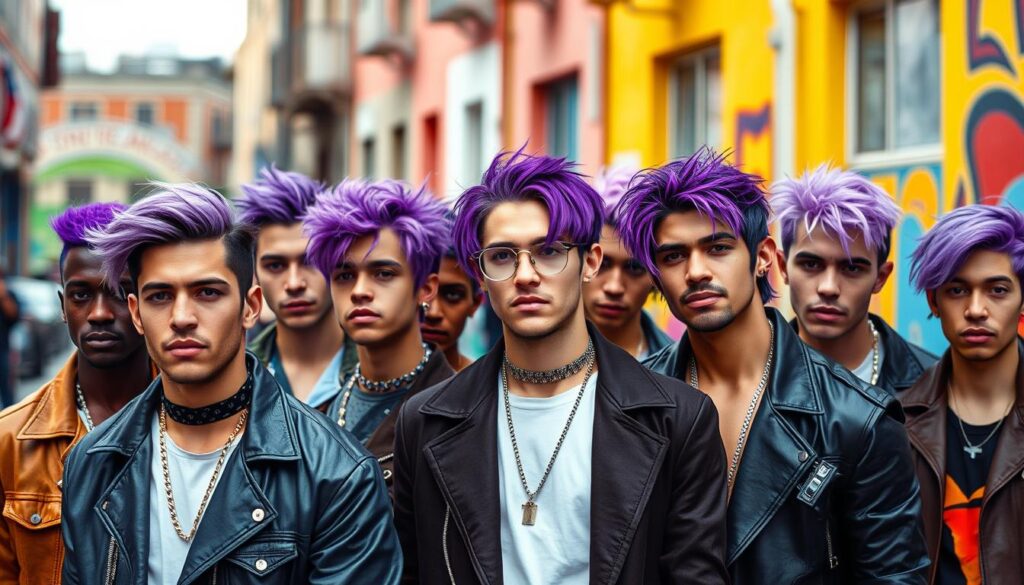 A vibrant scene showcasing a diverse group of stylish male celebrities with various shades of purple hair