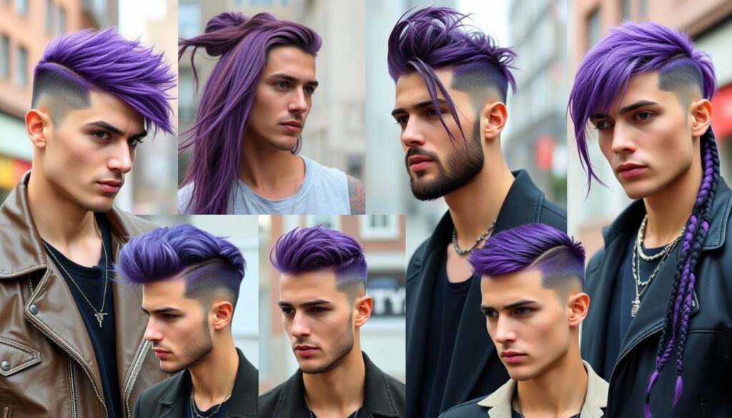 A collection of stylish men with purple hair showcasing a variety of fashionable hairstyles