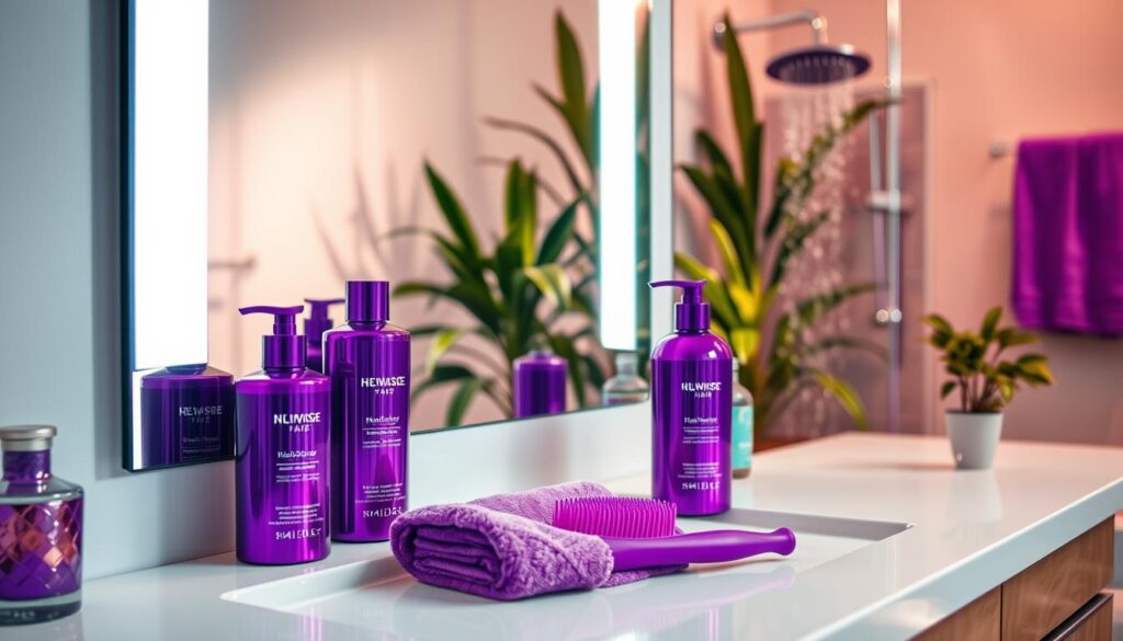 A vibrant scene featuring a stylish bathroom with a hair care setup