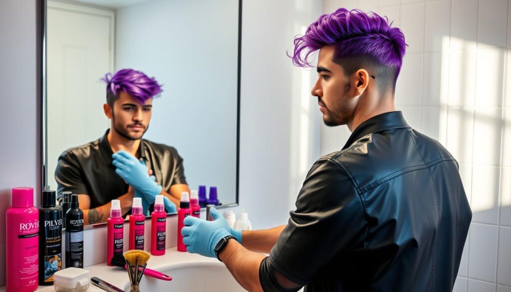 A modern bathroom scene featuring a stylish man preparing to dye his hair purple