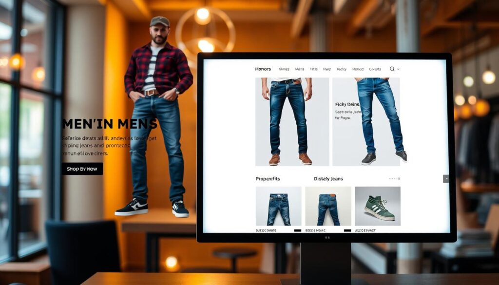 A modern digital shopping experience featuring a variety of men's  jeans