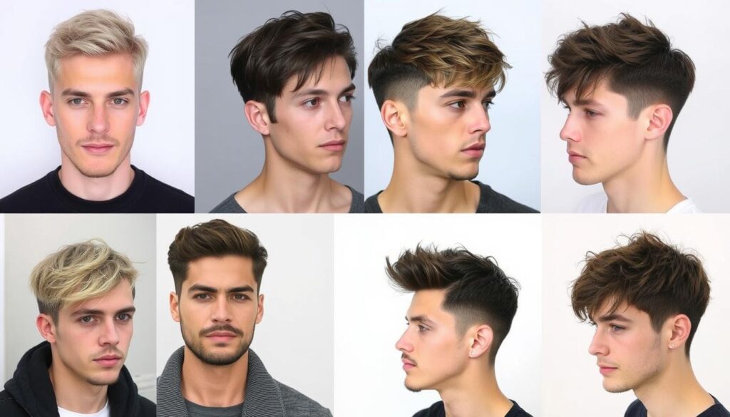 Men's short shaggy hairstyles displayed on diverse male models