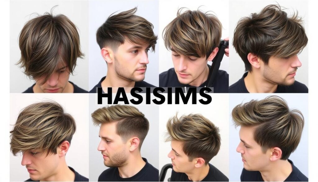 A collage of various men's shaggy hairstyles