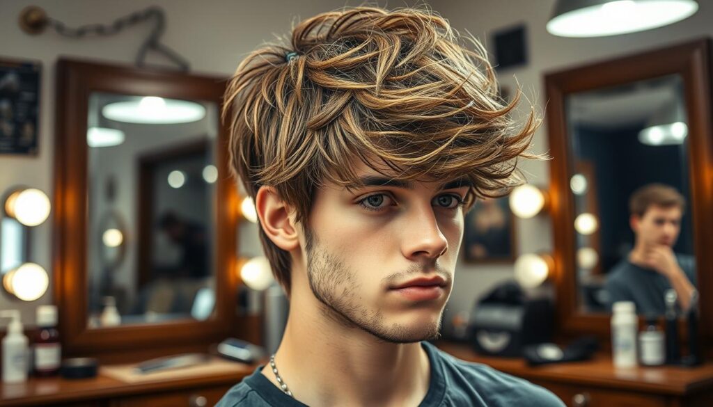 A stylish young man in a modern barbershop, showcasing a trendy short shaggy hairstyle