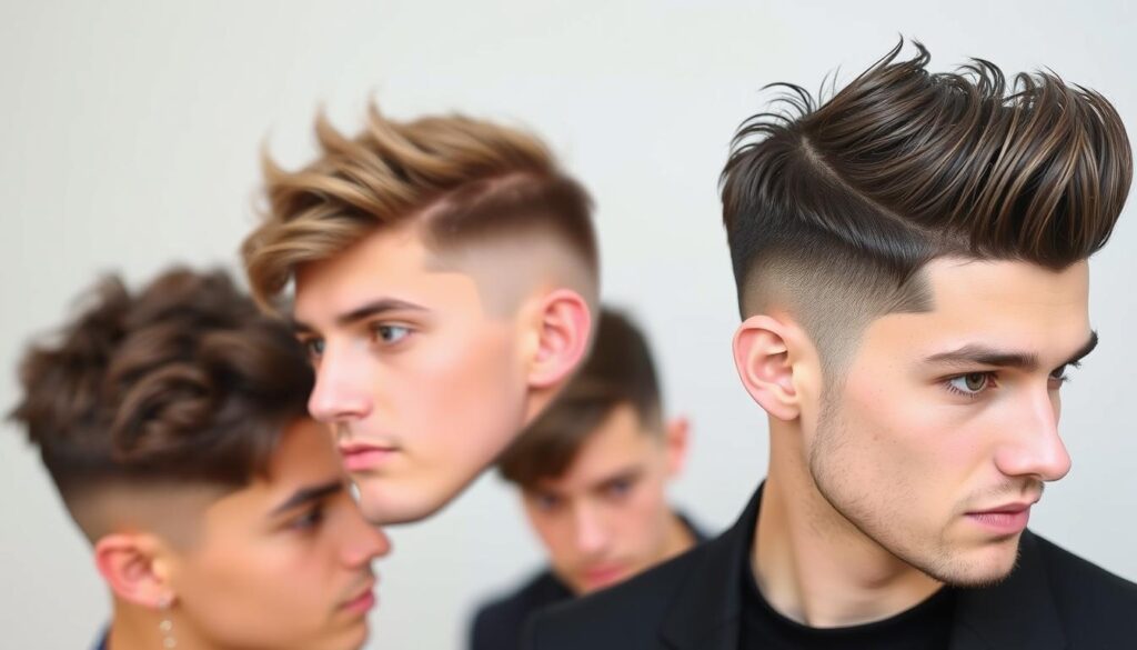 Close-up view of stylish men's pixie cuts inspired by celebrities, showcasing various textures and lengths of thin hair