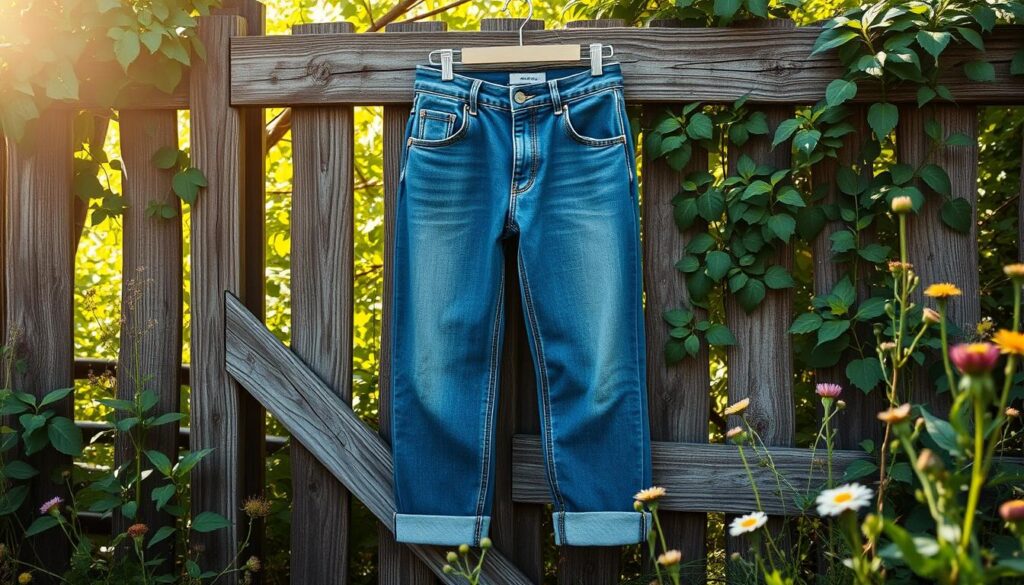 A pair of eco-friendly men's jeans hanging on a rustic wooden fence