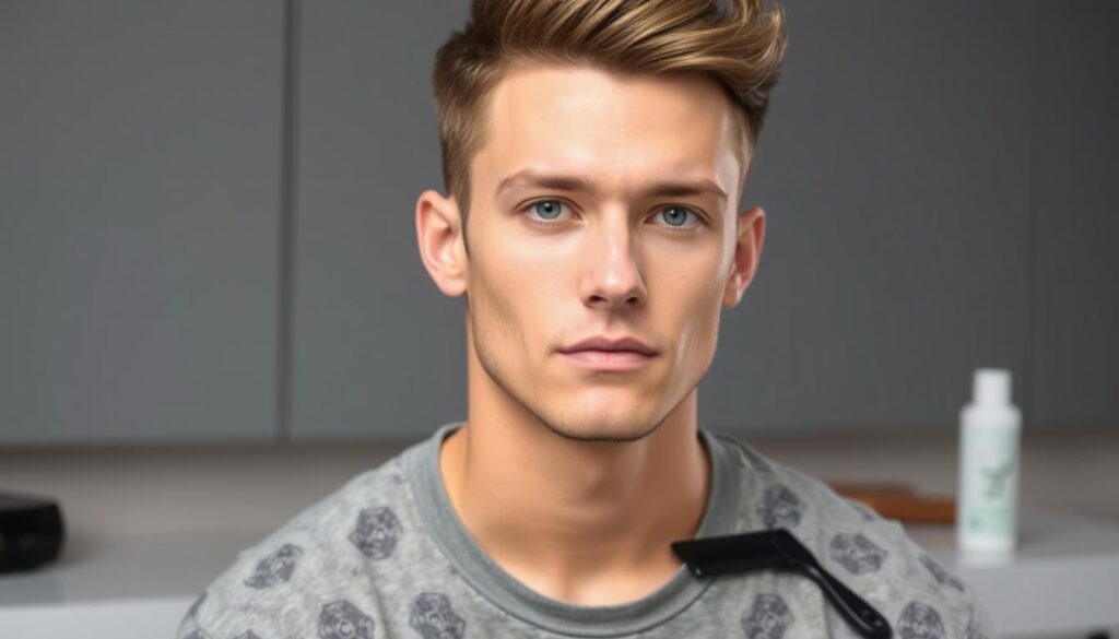 A stylish male model showcasing a trendy pixie cut designed for thin hair