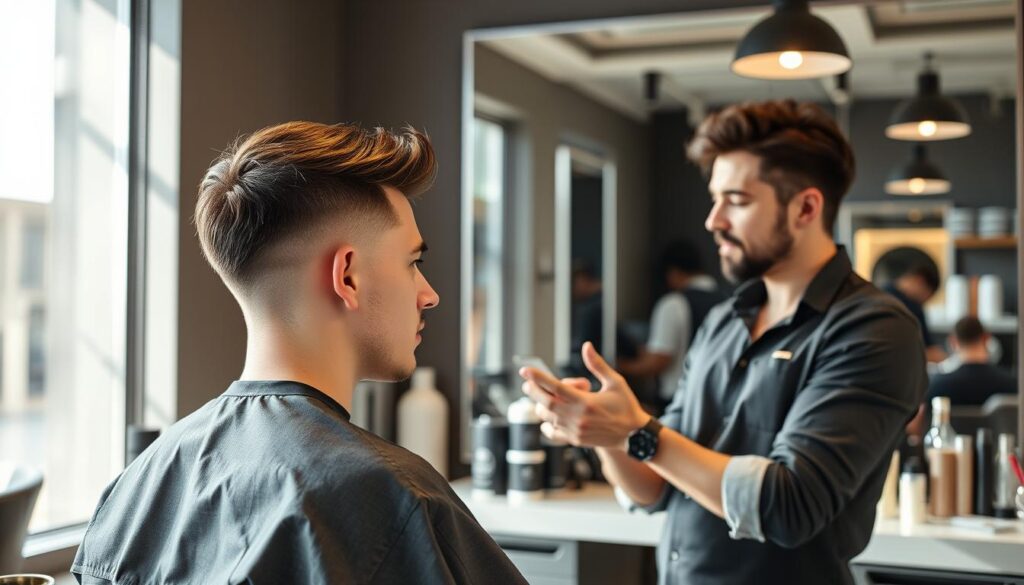 A modern hair salon interior with a professional stylist discussing a pixie cut for men with thin hair