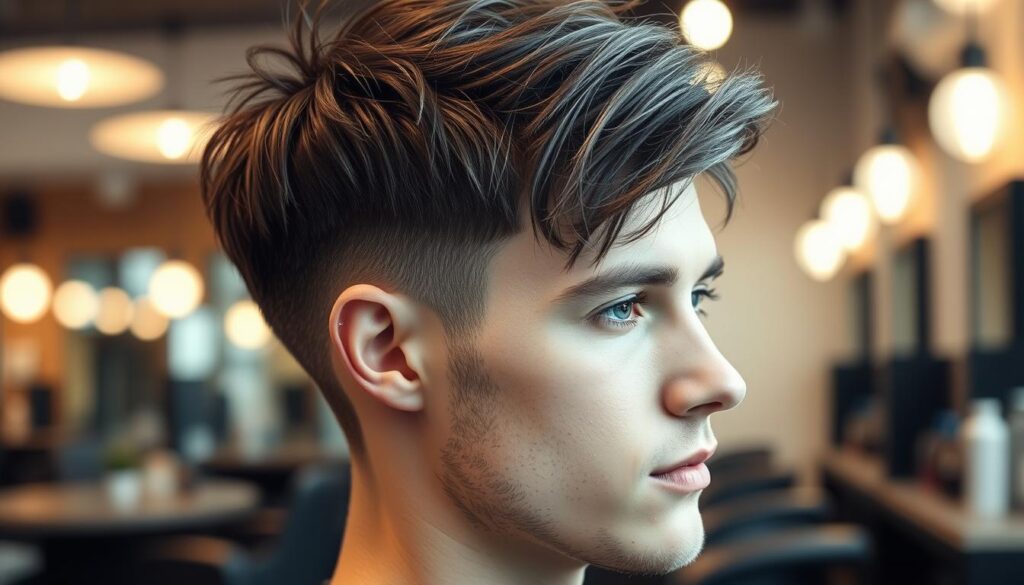 A stylish pixie cut for thin hair on a male model, showcasing textured layers and volume