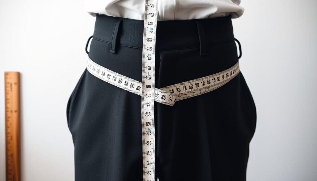 A measuring tape wrapped around a waist, highlighting the measurement point, with a pair of tailored pants and a ruler in the background, soft lighting, minimalist style