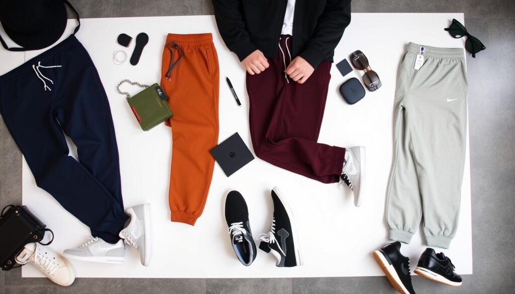 A stylish flatlay of the best joggers for men, featuring a variety of colors and patterns, with attention to fitted designs that flatter shorter frames