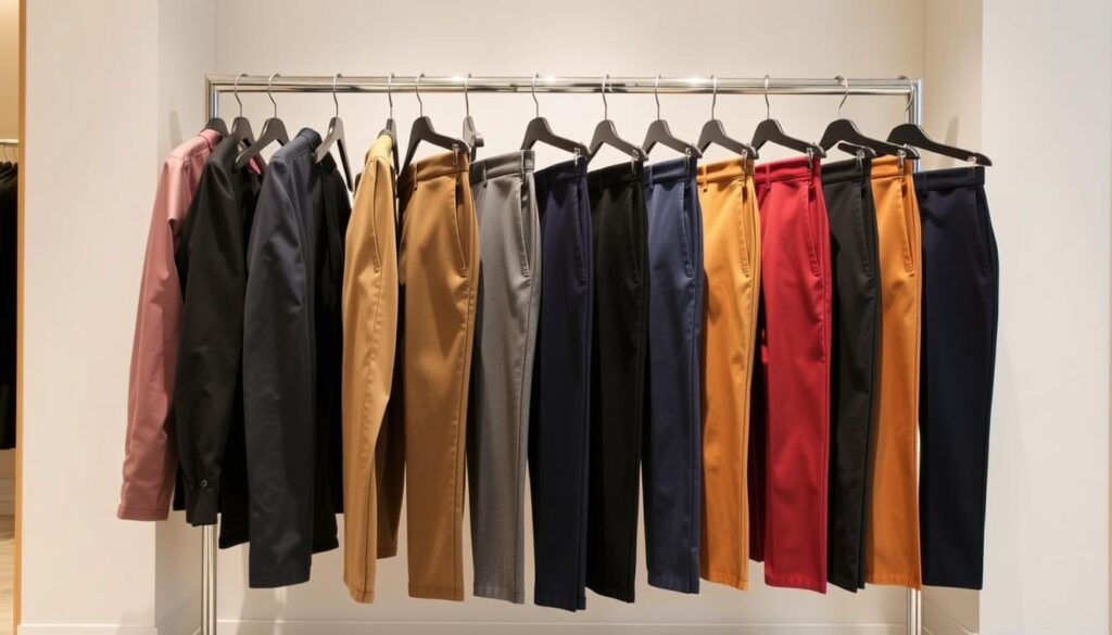 A stylish clothing rack displaying a variety of pants tailored for short men, featuring a range of colors and fabrics