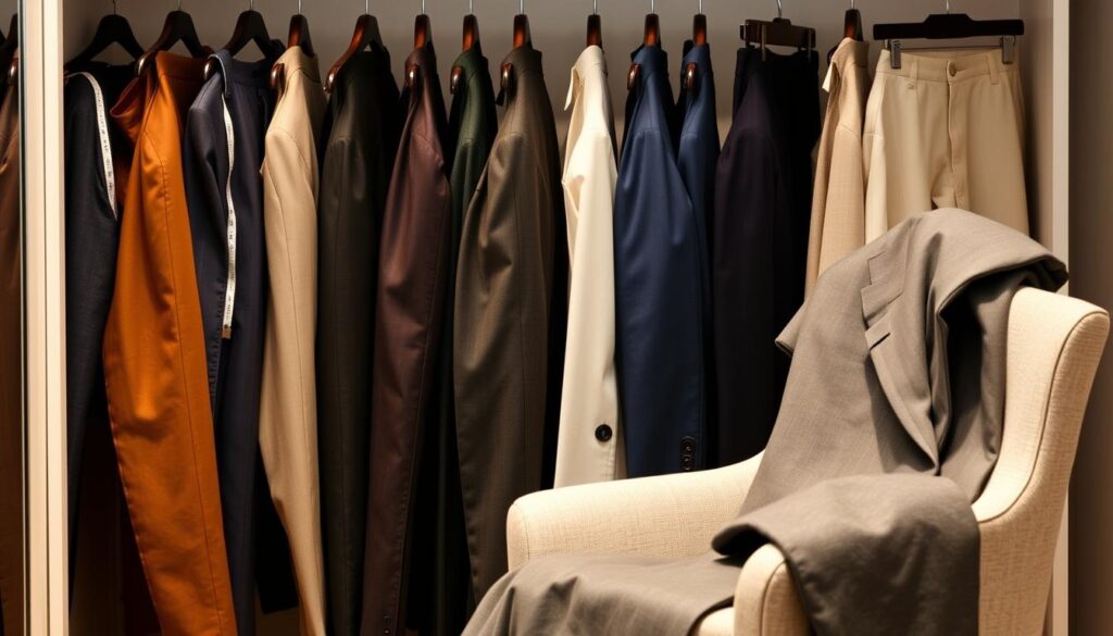 A neatly arranged collection of tailored men's pants in various styles and colors, displayed on hangers in a well-lit dressing room.