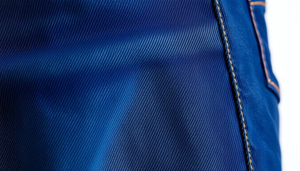 A close-up of high-quality men's denim fabric showcasing rich indigo tones