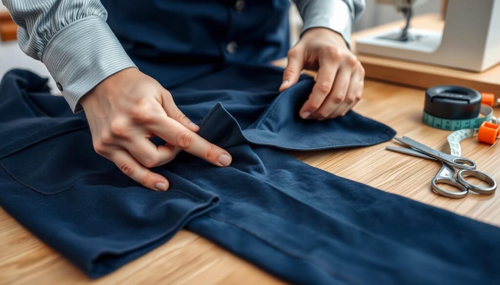 A close-up view of a tailor’s hands expertly adjusting the hem of a pair of ready-to-wear pants