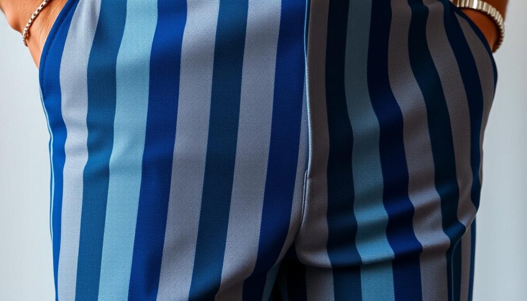 A close-up view of men's pants featuring bold vertical stripes in various shades of blue and gray