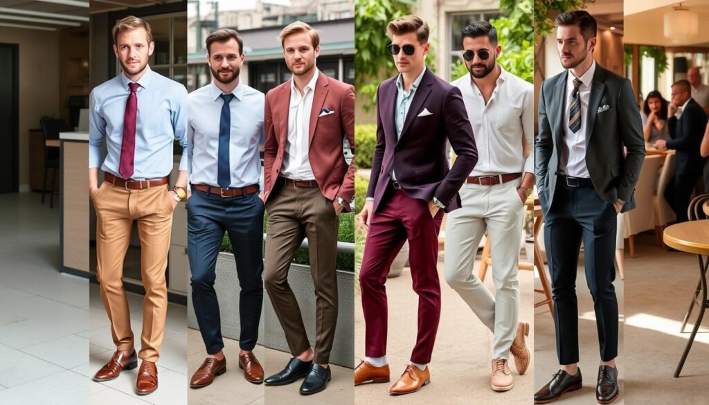 Stylish short men dressed in various outfits for different occasions, showcasing tailored pants, smart-casual looks,