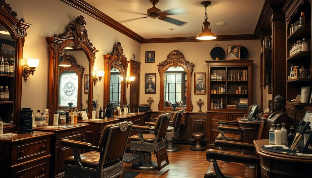 A vintage gentleman's barber shop interior, showcasing classic wooden furniture, ornate mirrors, traditional barber chairs with leather upholstery, and an array of grooming products.